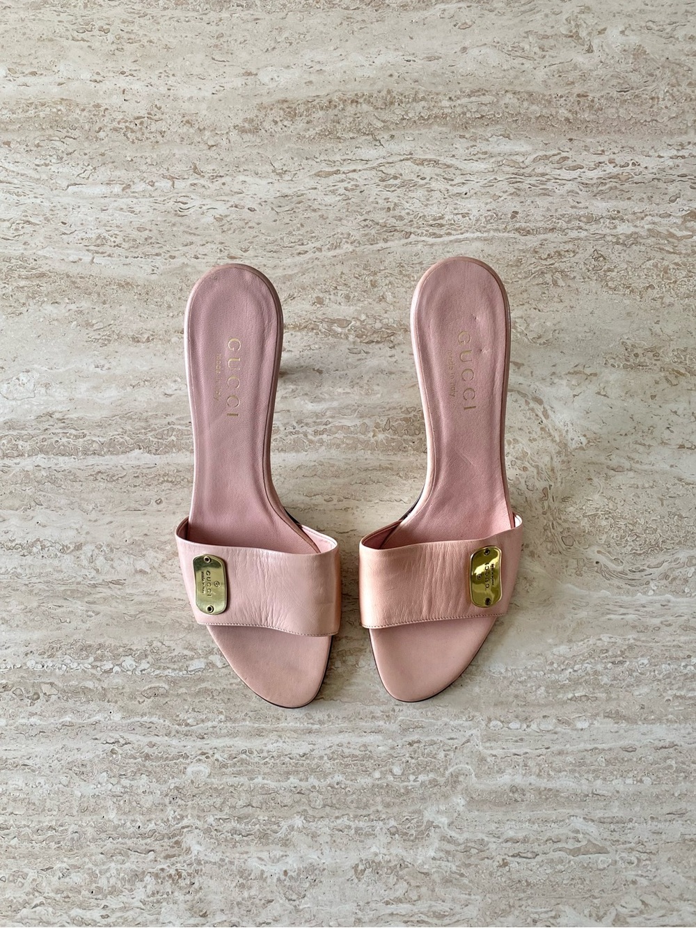 Vintage Gucci Gold Logo Plate Mule Sandal Heels